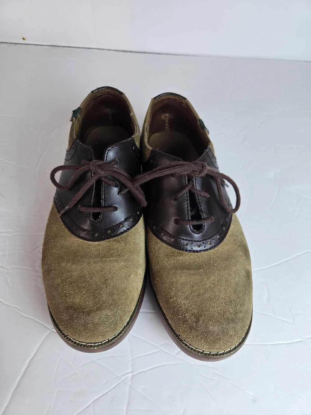 Varsity Two-Tone Suede and Leather Oxfords in Olive and Dark Brown